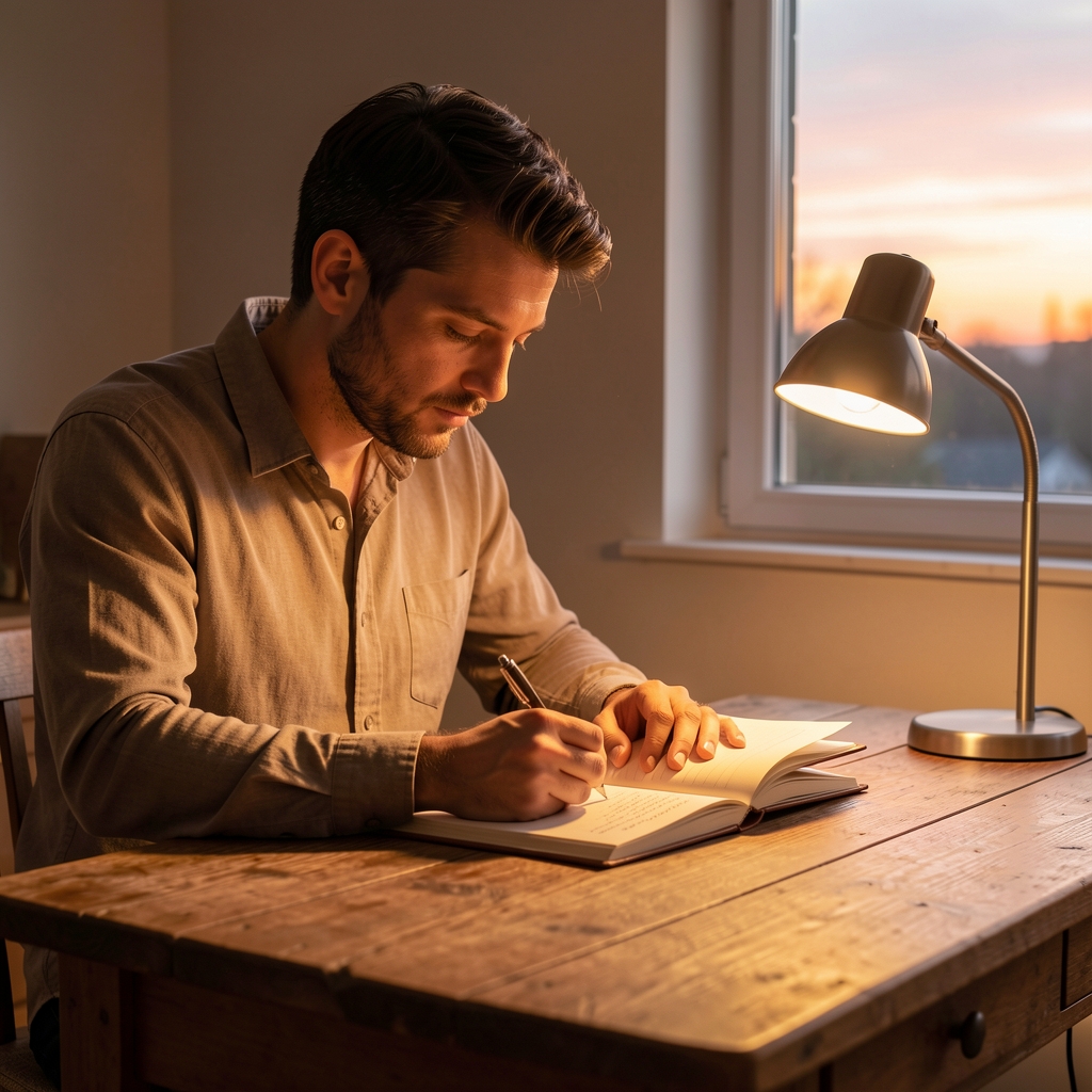 Man writing in a journal at a wooden desk before sunrise, single lamp casting warm light, quiet focused atmosphere