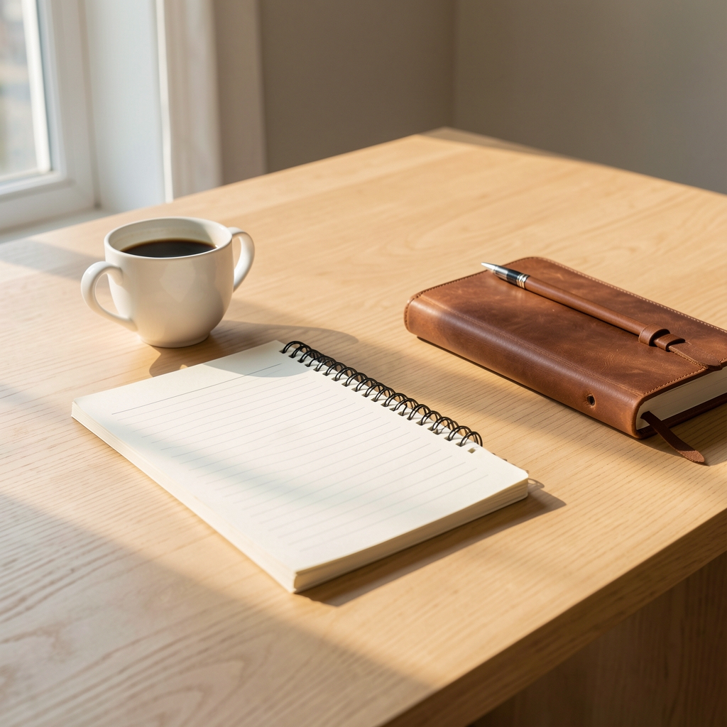 Morning light falling across a clean wooden desk with a notebook, coffee cup, and leather journal — calm productive start to the day