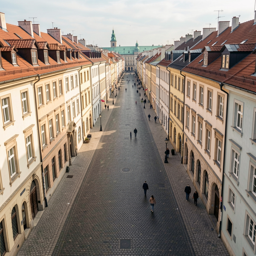 Aerial view of Florianigasse street in Vienna's 8th district, Josefstadt, surrounded by Viennese Gründerzeit architecture