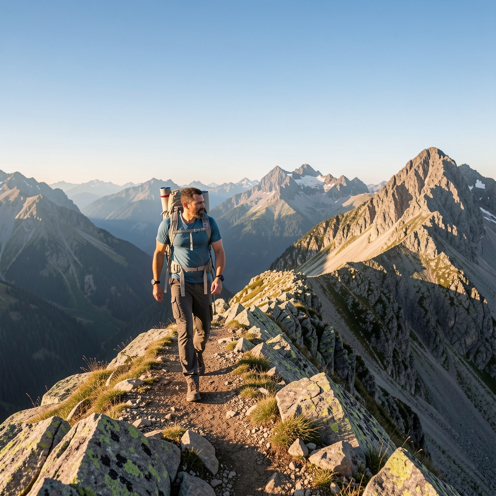 Man hiking along a rocky mountain ridge in early morning light, wearing a light pack, surrounded by alpine landscape and clear sky